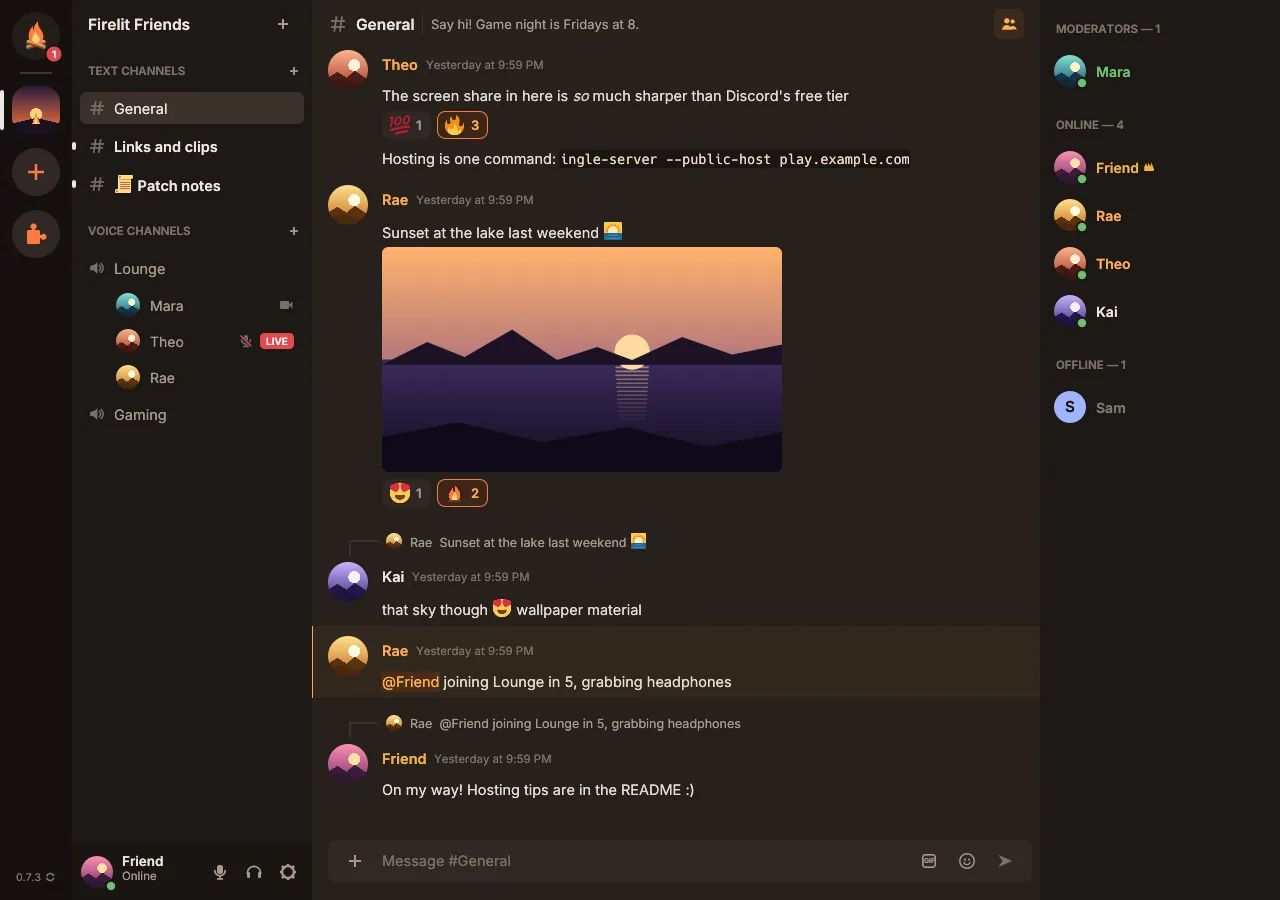 Ingle's window: a server's text channel with pictures, reactions and replies, the channel list with a voice channel, and who's online.