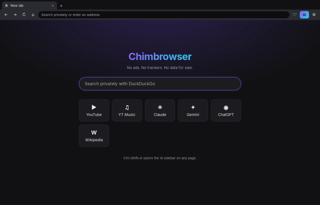 Chimbrowser's new tab page: search privately, with shortcuts to YouTube, Claude, Gemini and ChatGPT.