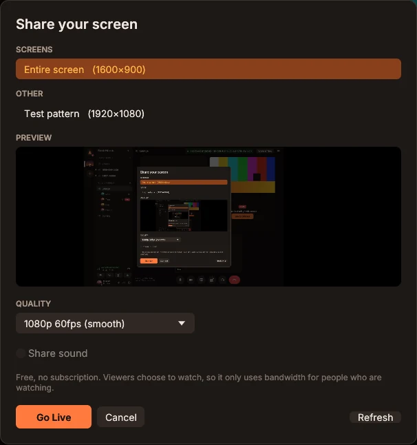 The Share your screen window: pick a screen or window, check the preview, and choose 1080p 60fps.
