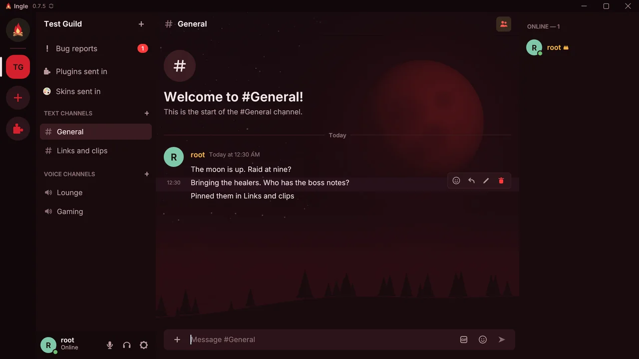 Ingle wearing the Blood Moon skin: deep reds, with a blood-red moon rising over a ridge of pines behind the chat.